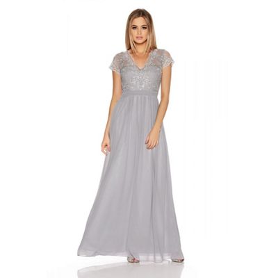 Grey And Silver Embroidered Chiffon Maxi Dress